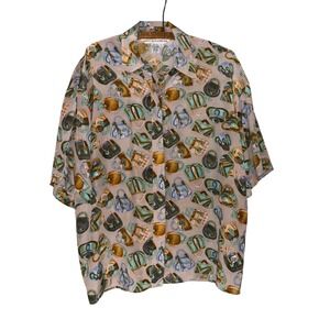Annie Alexander L Silk Handbag Print Button Down Shirt Retro Vintage Old Money